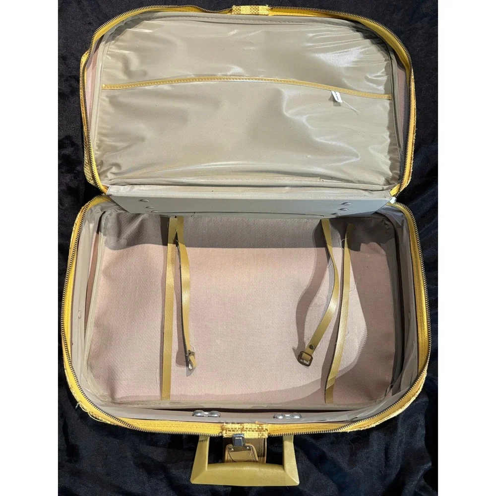 Vintage Plaid Suitcase Tan Yellow Woven Carry On Luggage Made Japan‎ Mid Century
